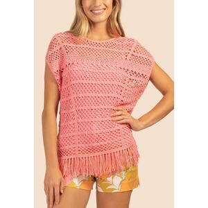 NWT TRINA TURK NICOYA PULLOVER - PINK SIZE LARGE open knit fringed hem crocheted